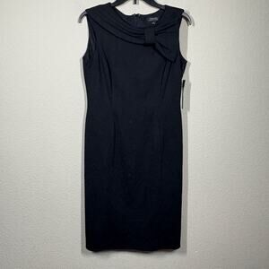 Tahari 6 Luca Bow Pleated Sheath Dress Black Sleeveless Career Classic Staple